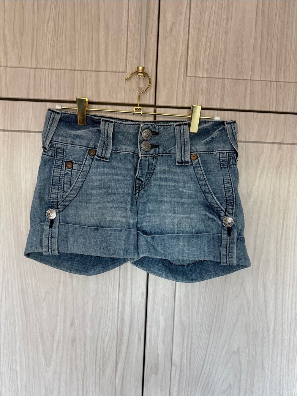 True Religion Distressed Blue Washed Denim Cuffed Shorts